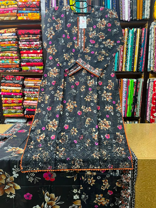 Bin Saeed Midnight Black Floral Embroidered 3-Piece Lawn Suit