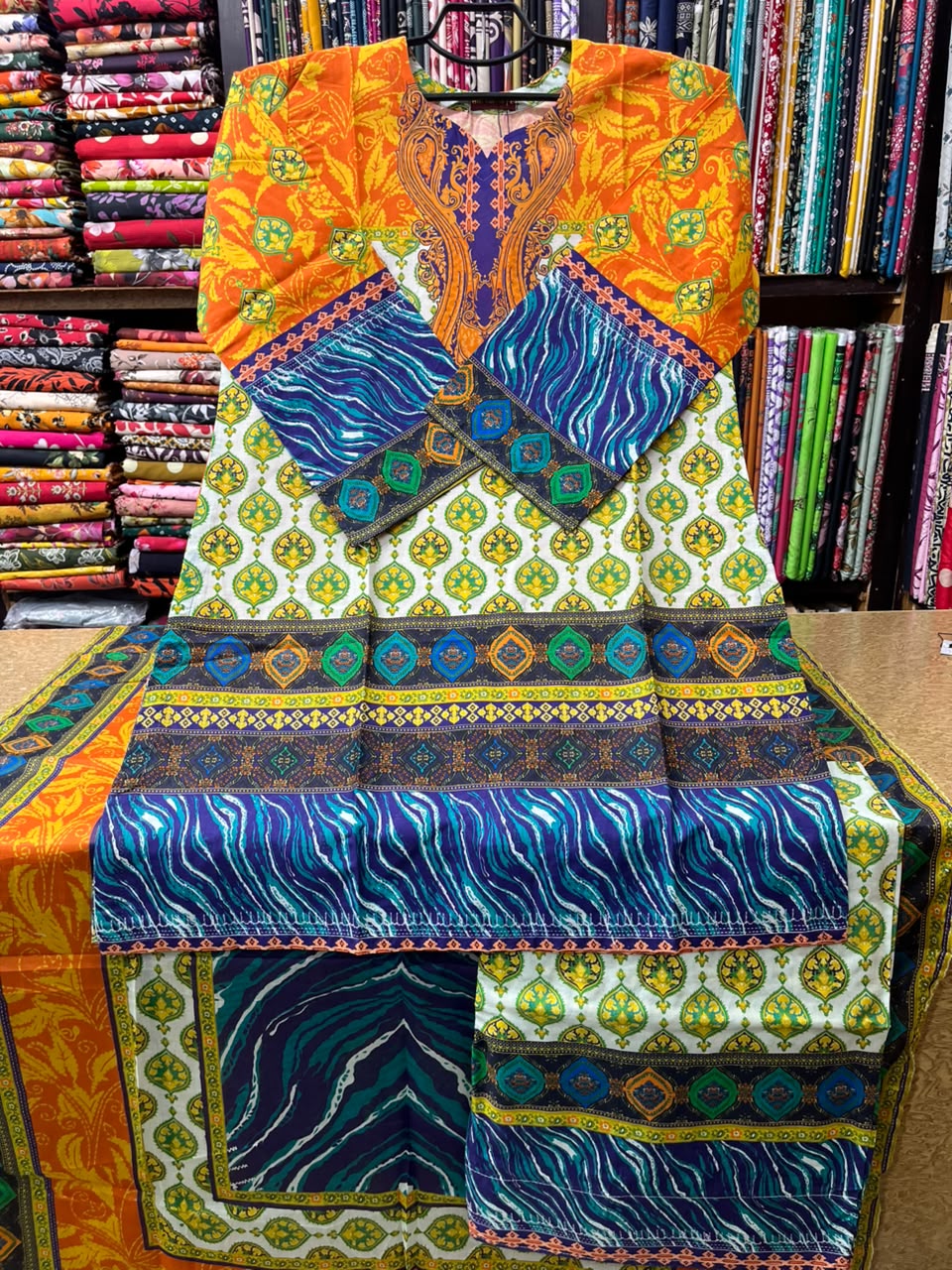 Vibrant Multi Color 3-Piece Printed Lawn Suit with Farshi Shalwar