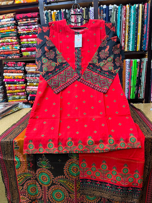 Elegant Crimson Red & Black 3-Piece Printed Lawn Suit with Farshi Shalwar