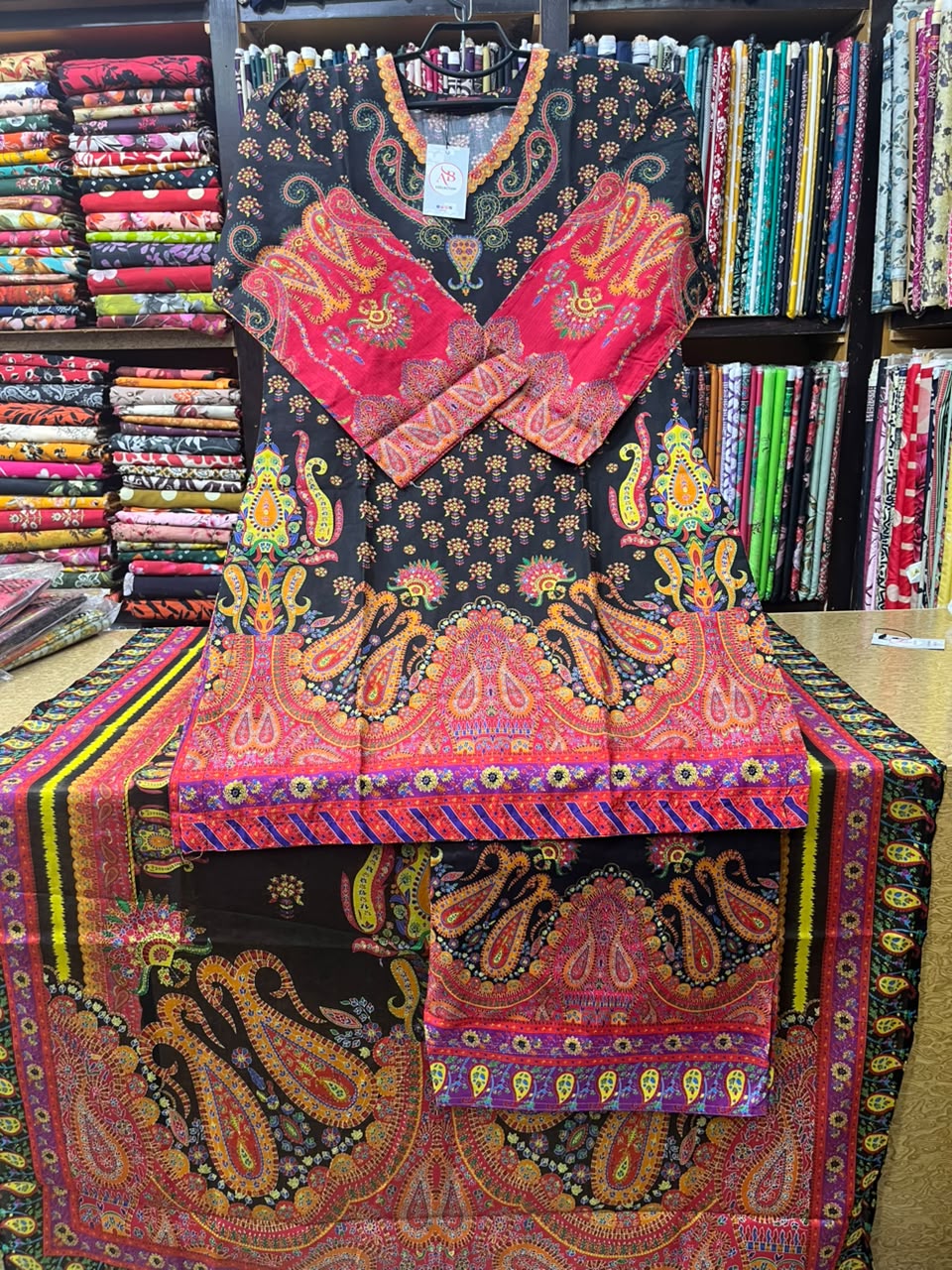 Regal Black & Shocking Pink 3-Piece Printed Lawn Suit with Farshi Shalwar