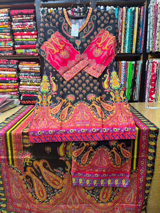 Regal Black & Shocking Pink 3-Piece Printed Lawn Suit with Farshi Shalwar
