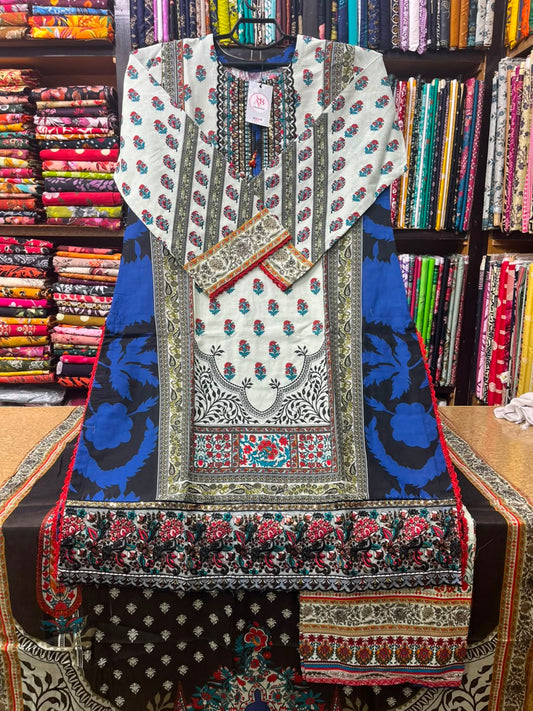 Graceful Off-White & Royal Blue 3-Piece Printed Lawn Suit with Farshi Shalwar