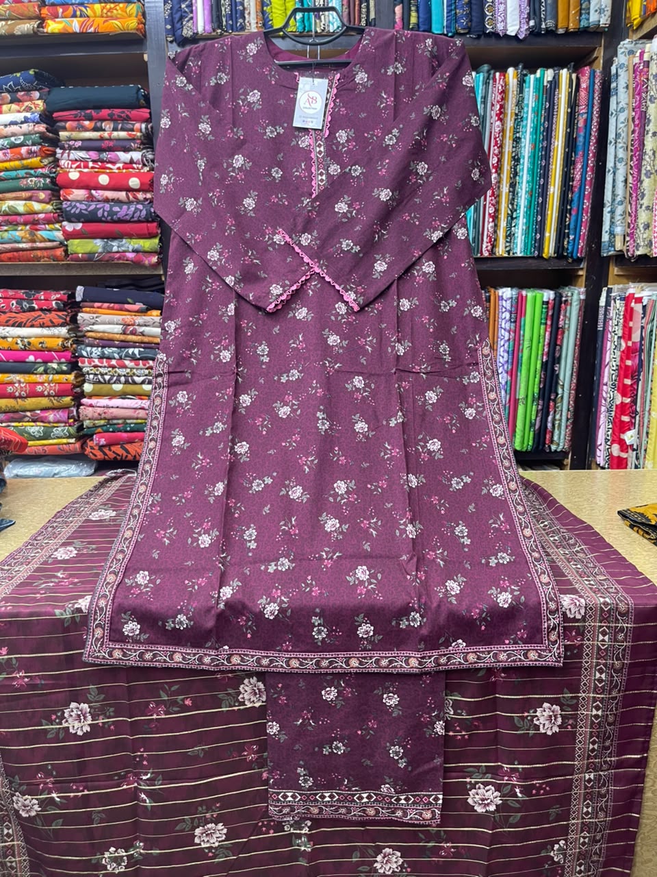 Bin Saeed Premium Plum Floral Lawn 3-Piece Suit
