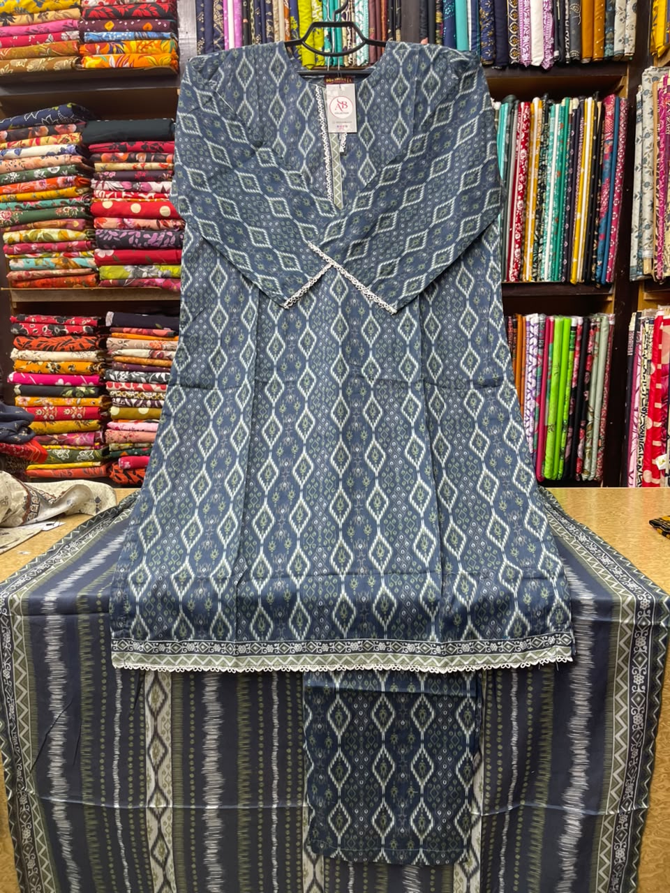 Bin Saeed Premium Slate Blue Geometric Lawn 3-Piece Suit