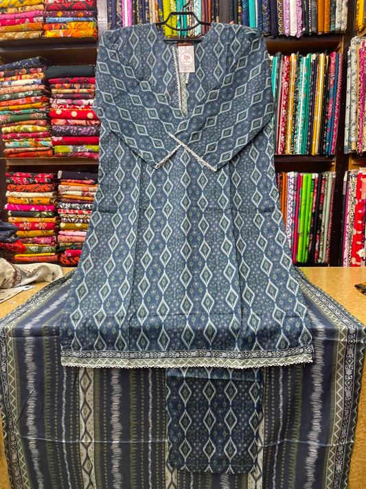 Bin Saeed Premium Slate Blue Geometric Lawn 3-Piece Suit