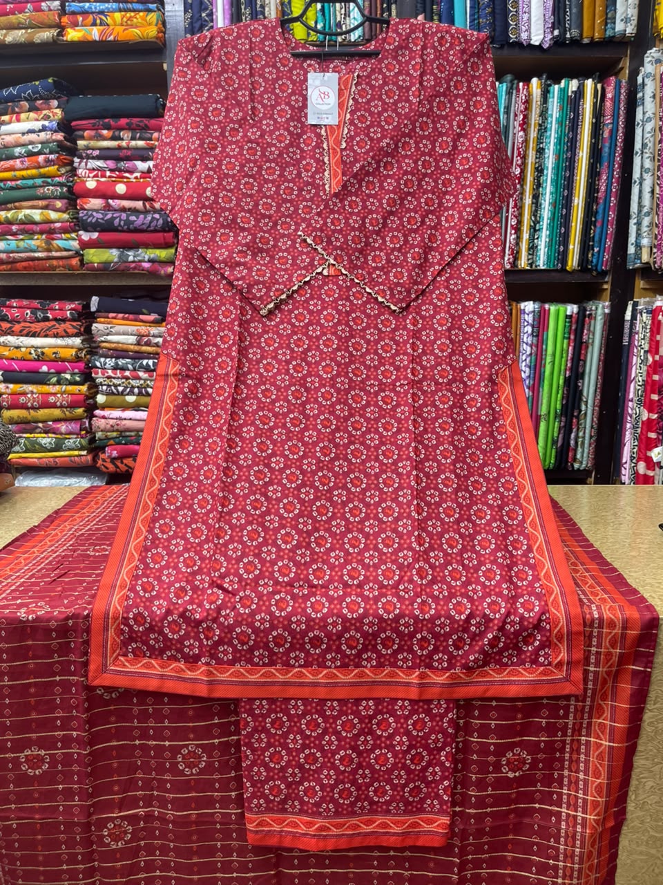 Premium Red 3-Piece Printed Lawn Article Matching Farshi Shalwar & Dupatta