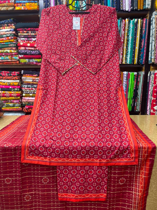 Premium Red 3-Piece Printed Lawn Article Matching Farshi Shalwar & Dupatta