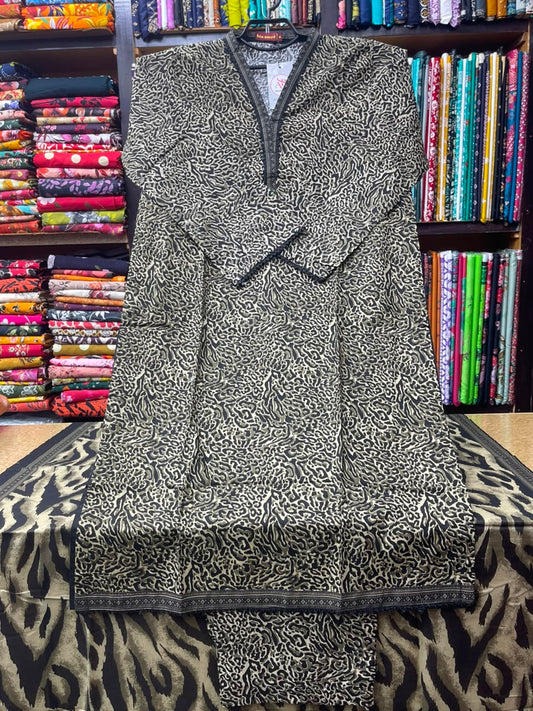 3-Piece Olive & Black Leopard Print Lawn Suit