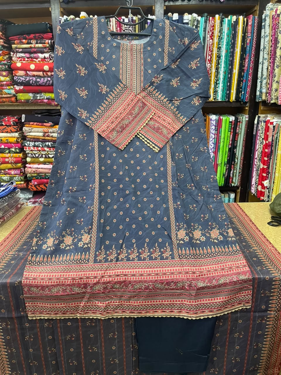 Bin Saeed 3-Piece Slate Blue & Terracotta Lawn Suit
