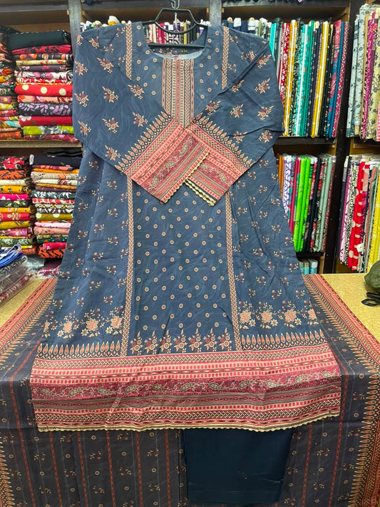 Bin Saeed 3-Piece Slate Blue & Terracotta Lawn Suit