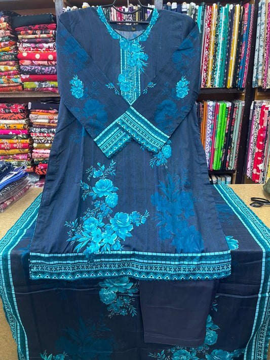 Women's Teal Blue 3-Piece Printed Lawn Article