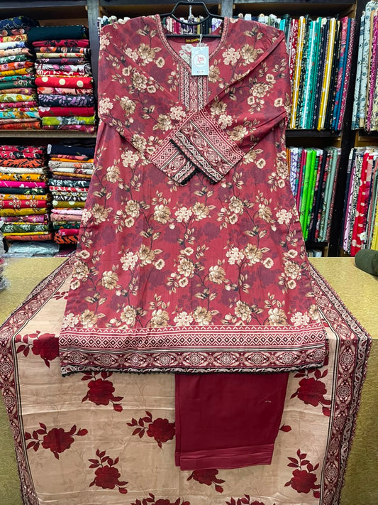 Maroon Vintage 3-Piece Classic Floral Printed Lawn Suit