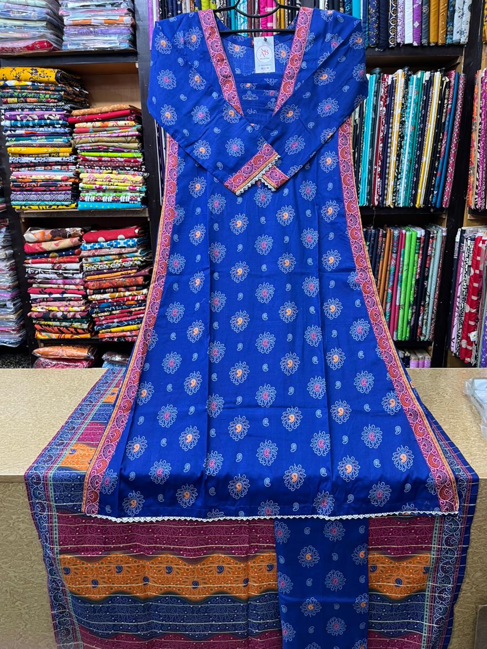 Royal Blue Printed 3-Piece A-Line Suit with 52 leng