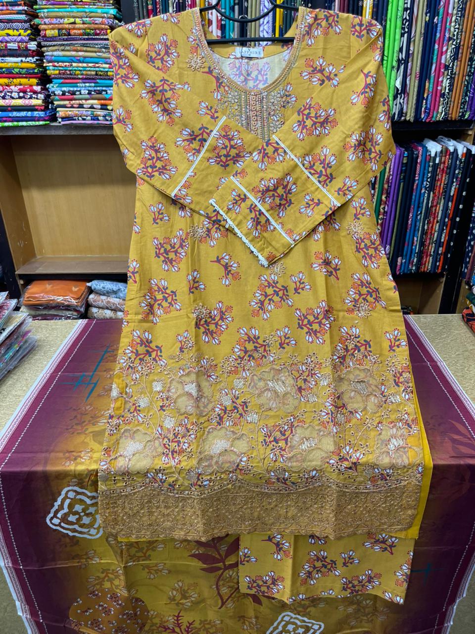 Mustard Yellow 3-Piece Embroidered Lawn Suit with Pure Lawn Dupatta