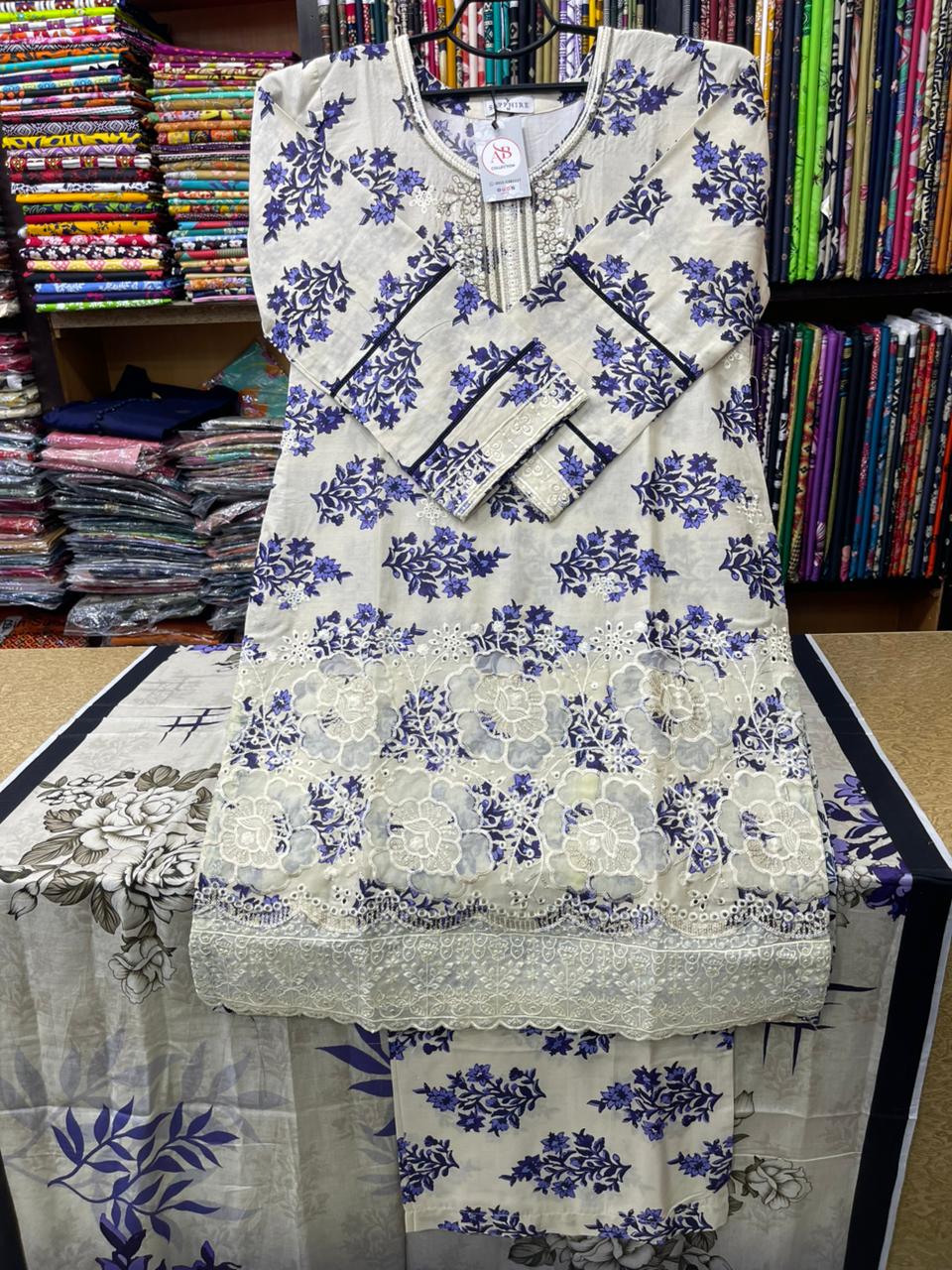 Elegant Off-White & Purple 3-Piece Embroidered Lawn Suit with Pure Lawn Dupatta