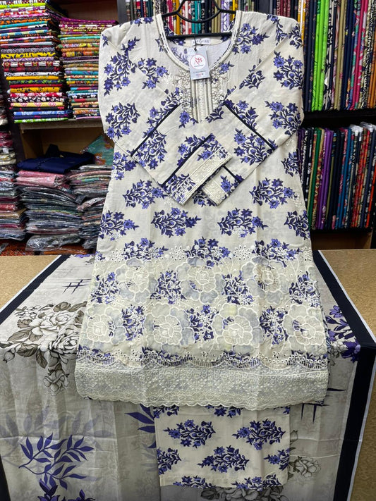 Elegant Off-White & Purple 3-Piece Embroidered Lawn Suit with Pure Lawn Dupatta