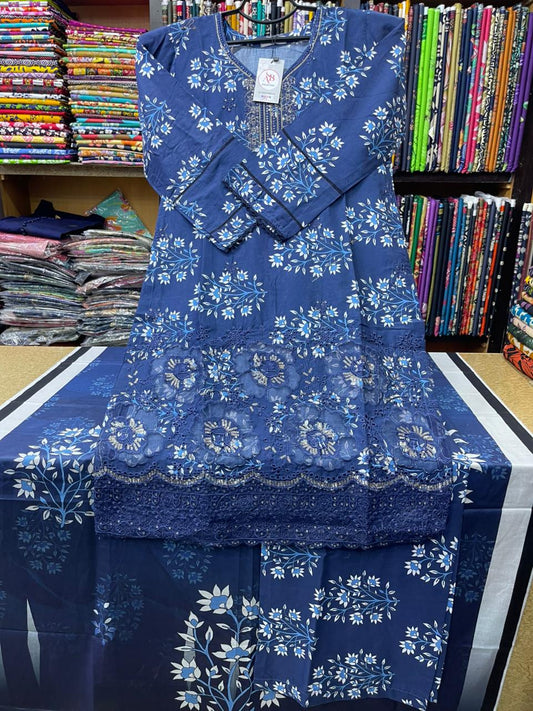 Midnight Indigo Blue 3-Piece Embroidered Lawn Suit with Pure Lawn Dupatta