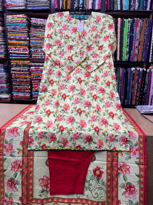Vibrant 3-Piece Floral Printed Lawn Suit (Cream & Red)