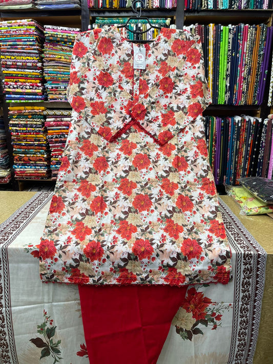 Striking 3-Piece Floral Printed Lawn Suit (White & Red)