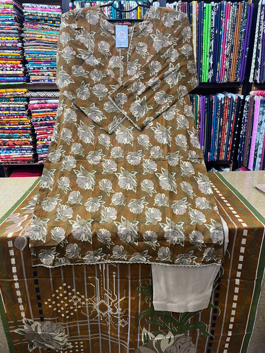 Sophisticated 3-Piece Floral Printed Lawn Suit (Brown & Beige)