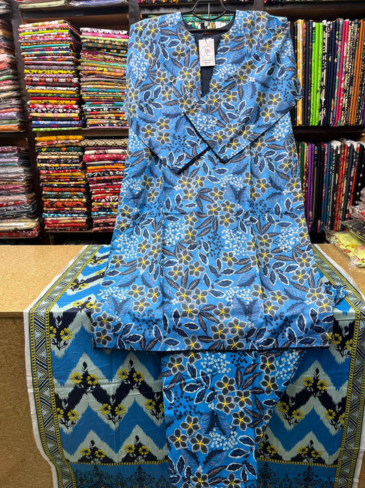 Vibrant 3-Piece Floral Printed Lawn Suit (Sky Blue & Navy)