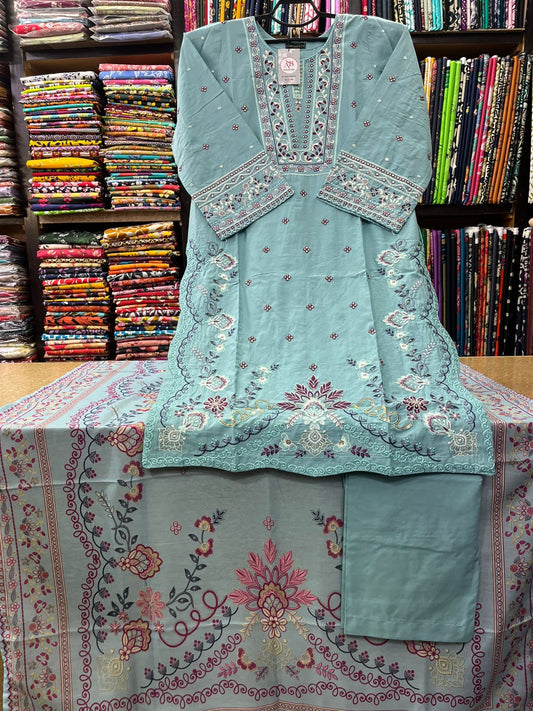 AB Collection Intricate Thread Embroidered 3-Piece Lawn Suit – Ice Blue