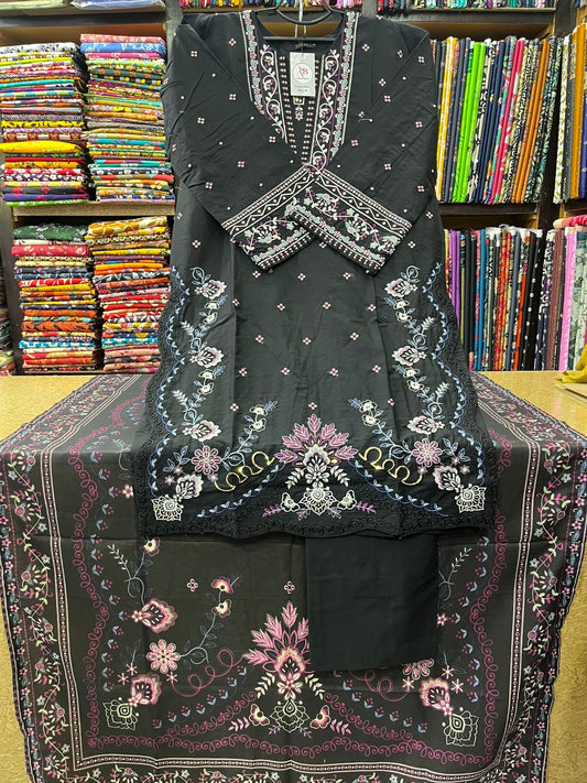 AB Collection Intricate Thread Embroidered 3-Piece Lawn Suit – Classic Black