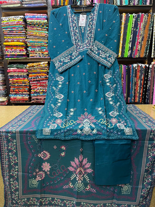 AB Collection Intricate Thread Embroidered 3-Piece Lawn Suit – Deep Teal