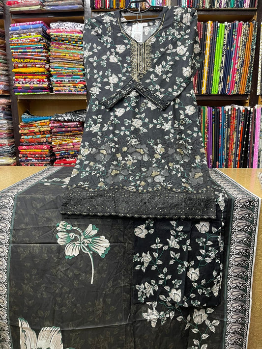 Luxury Embroidered 3-Piece Floral Printed Lawn Suit (Charcoal Black)