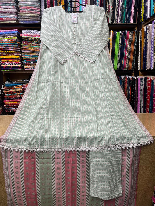Elegant A-Line Long Shirt with Open Chalks (Mint Green & Pink)