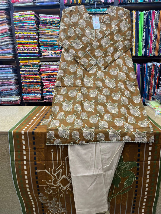 Sophisticated Earthy Brown & Beige Floral 3pc Lawn Suit