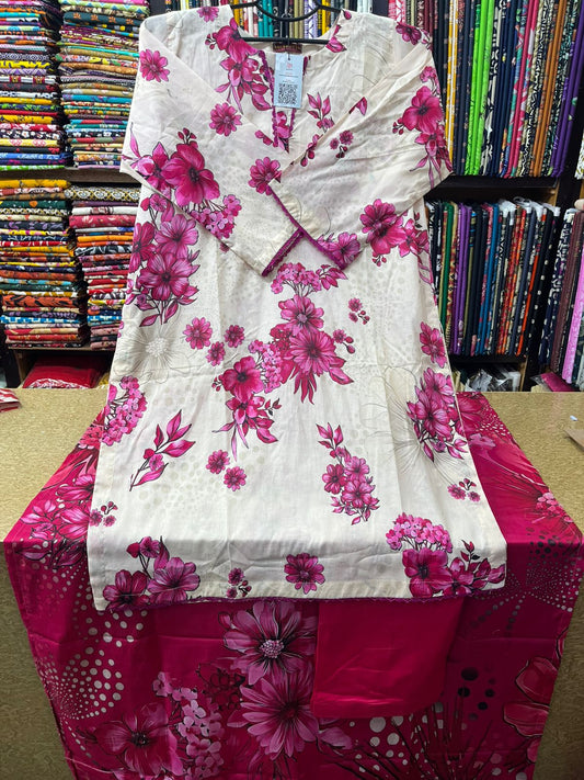 Refreshing Off-White & Magenta Floral 3pc Lawn Suit