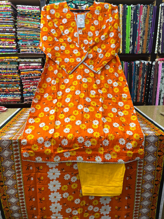 Bright Summer Orange Floral 3pc Lawn Suit