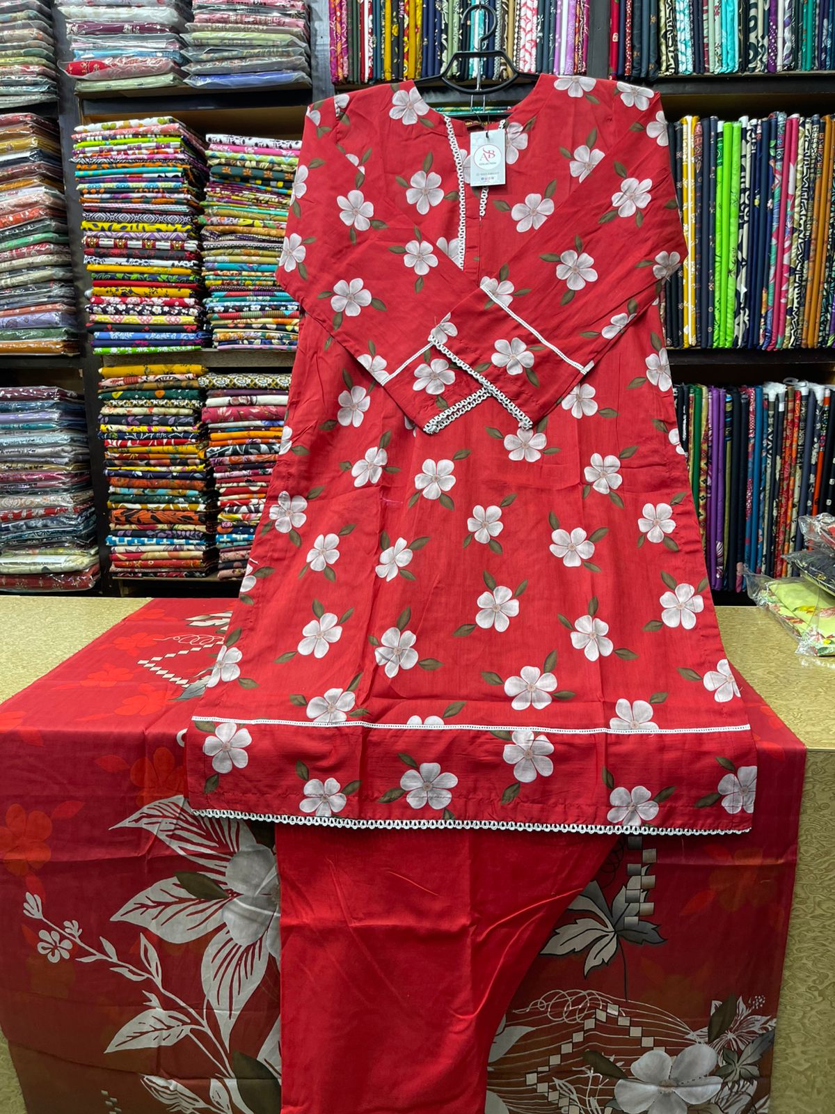 Elegant Crimson Red White Floral 3pc Lawn Suit