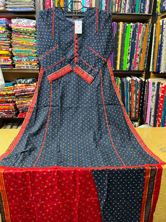 AB Collection 3-Piece Navy Blue Block-Print Style Lawn Suit