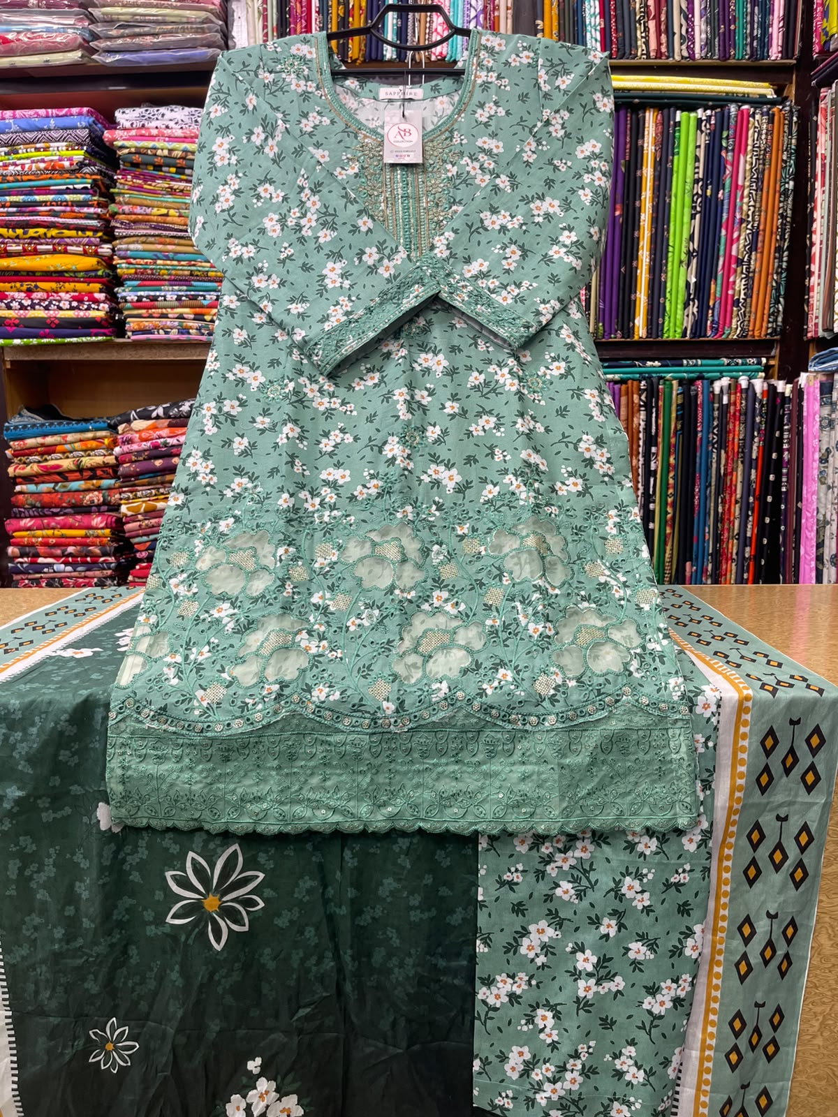 Elegant Mint Green Kameez with Cutwork Daman, Matching Trouser & Printed Dupatta
