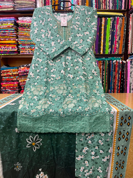 Elegant Mint Green Kameez with Cutwork Daman, Matching Trouser & Printed Dupatta
