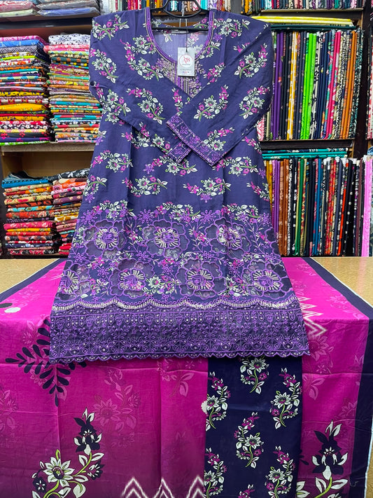 Elegant Indigo Kameez with Cutwork Daman, Matching Printed Trouser & Magenta Dupatta
