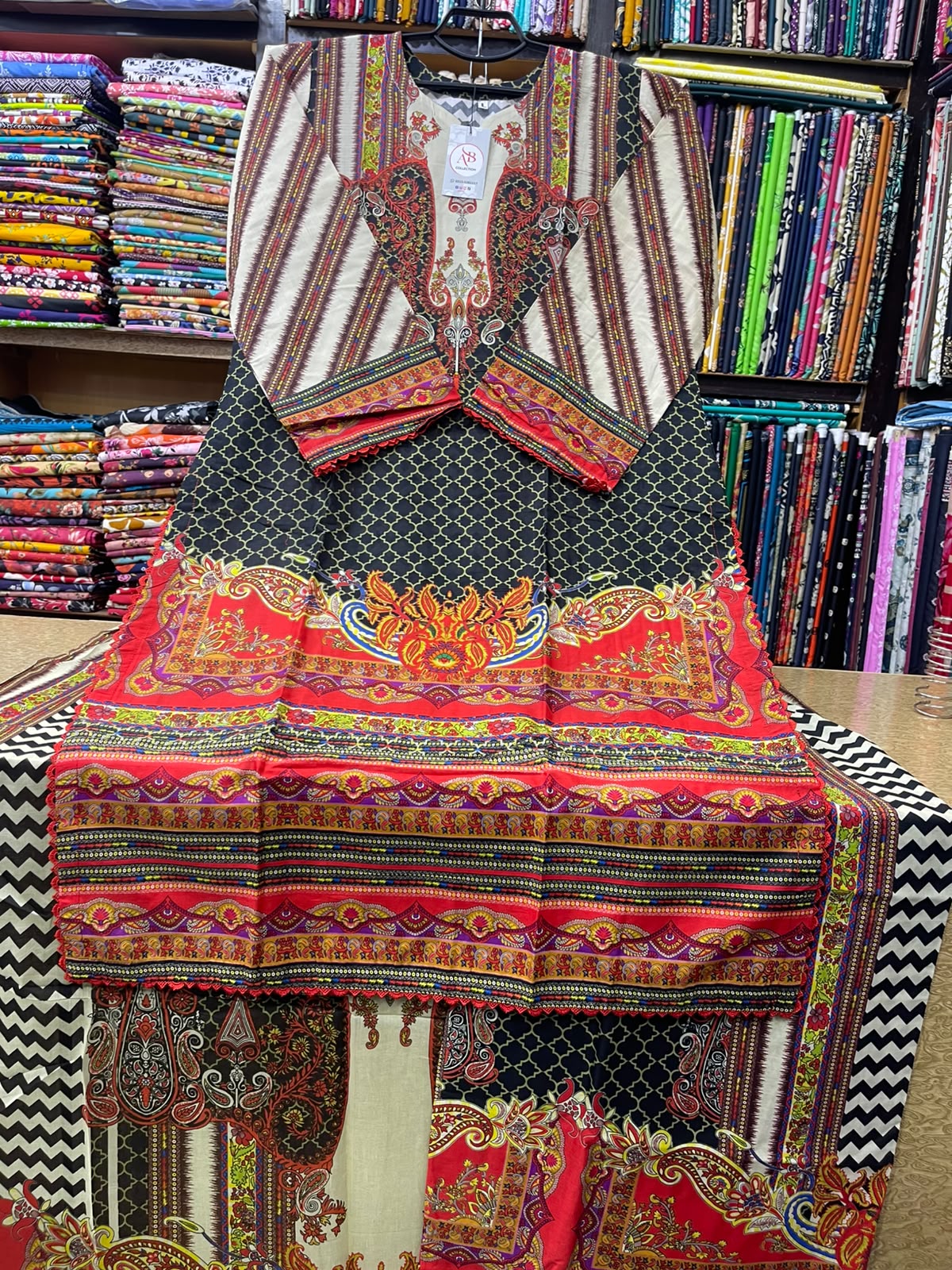 Black & Red Geometric Paisley Lawn Suit