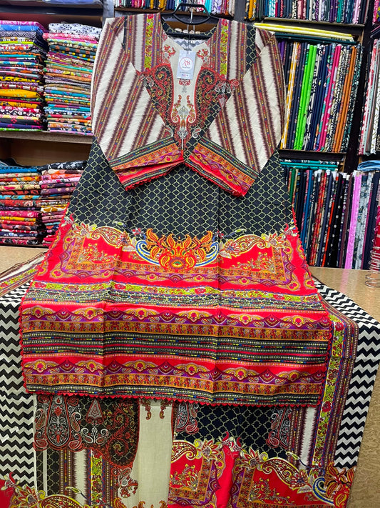 Black & Red Geometric Paisley Lawn Suit
