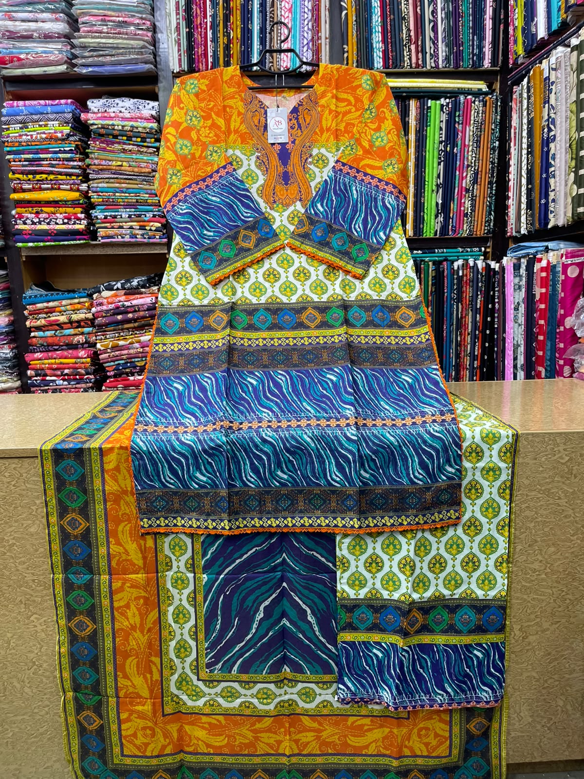 3-Piece Mustard Orange & Indigo Blue Printed Lawn Suit