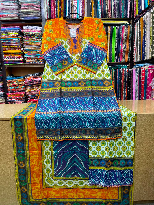 3-Piece Mustard Orange & Indigo Blue Printed Lawn Suit