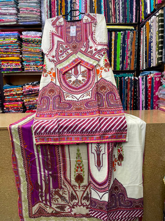 3-Piece Off-White & Magenta Paisley Printed Lawn Suit