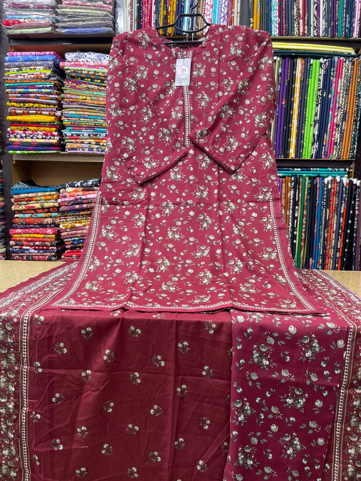 AB Collection by Bin Saeed 3-Piece Maroon Floral Lawn Suit