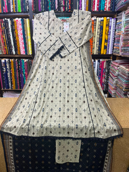 Elegant Beige & Navy 3-Piece Printed Lawn Suit