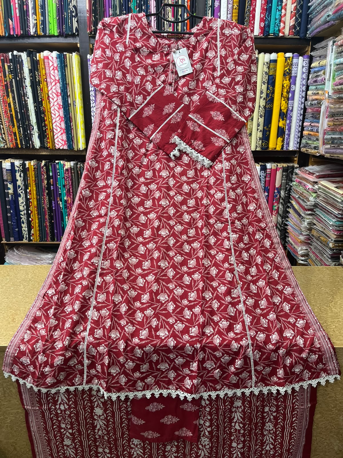 Classic Deep Red & White 3 Piece Stitched Lawn Dress – Flowing Paneled A-Line Silhouette