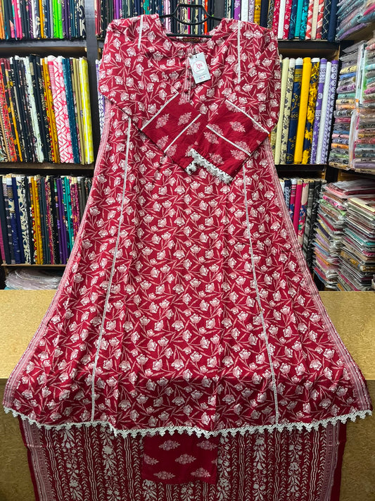 Classic Deep Red & White 3 Piece Stitched Lawn Dress – Flowing Paneled A-Line Silhouette