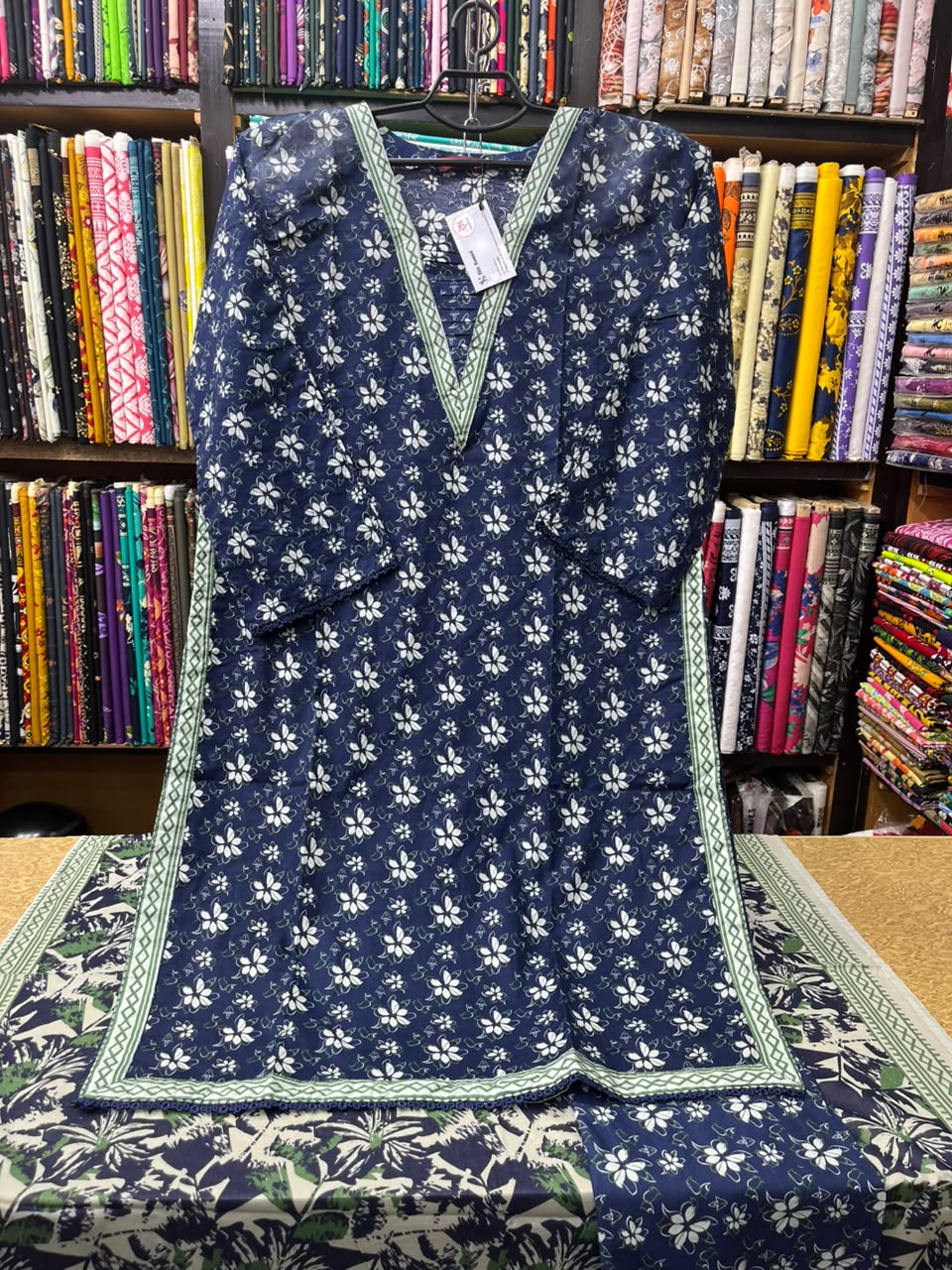 Navy Blue Floral Kameez with Contrast Border & Printed Dupatta