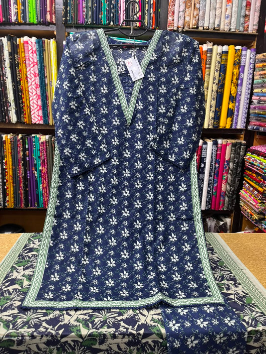 Navy Blue Floral Kameez with Contrast Border & Printed Dupatta