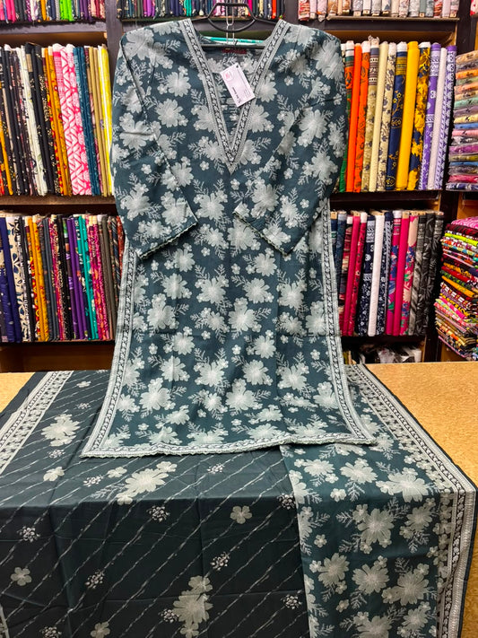 Dark Teal Floral Printed 3-Piece Lawn Suit with V-Neck Neckline & Printed Dupatta